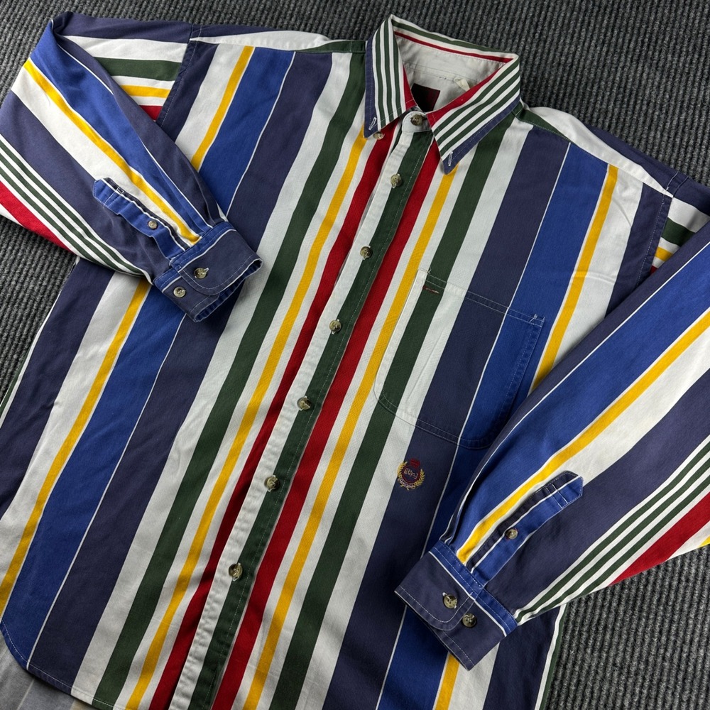 Vintage Ruff Hewn Mens Multi Color Vertical Stripe Button Down Shirt Large